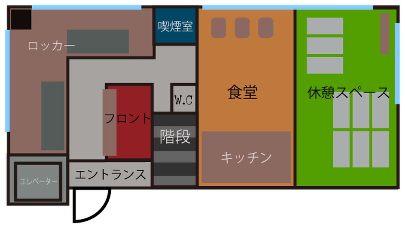 10階 平面図：エレベーター、エントランス、フロント、ロッカー、喫煙室、W.C、階段、食堂、キッチン、休憩スペース