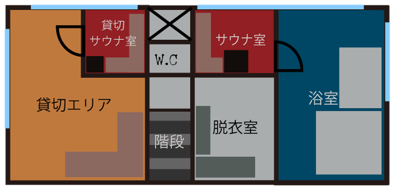11階 平面図：貸切エリア、貸切サウナ室、W.C、階段、サウナ室、脱衣室、浴室